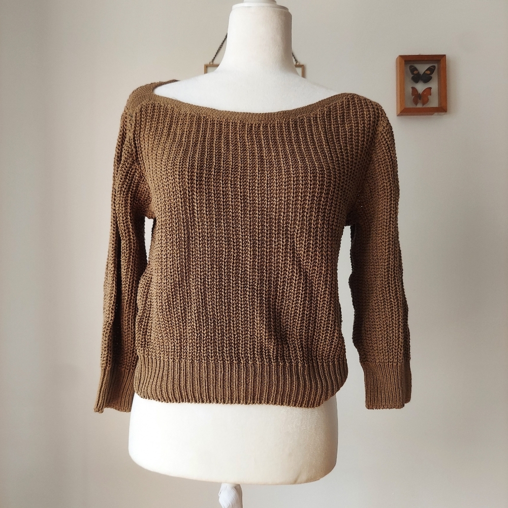 Vintage 70s Cotton Knit Sweater Deep Khaki Green Cropped SRG Group Small